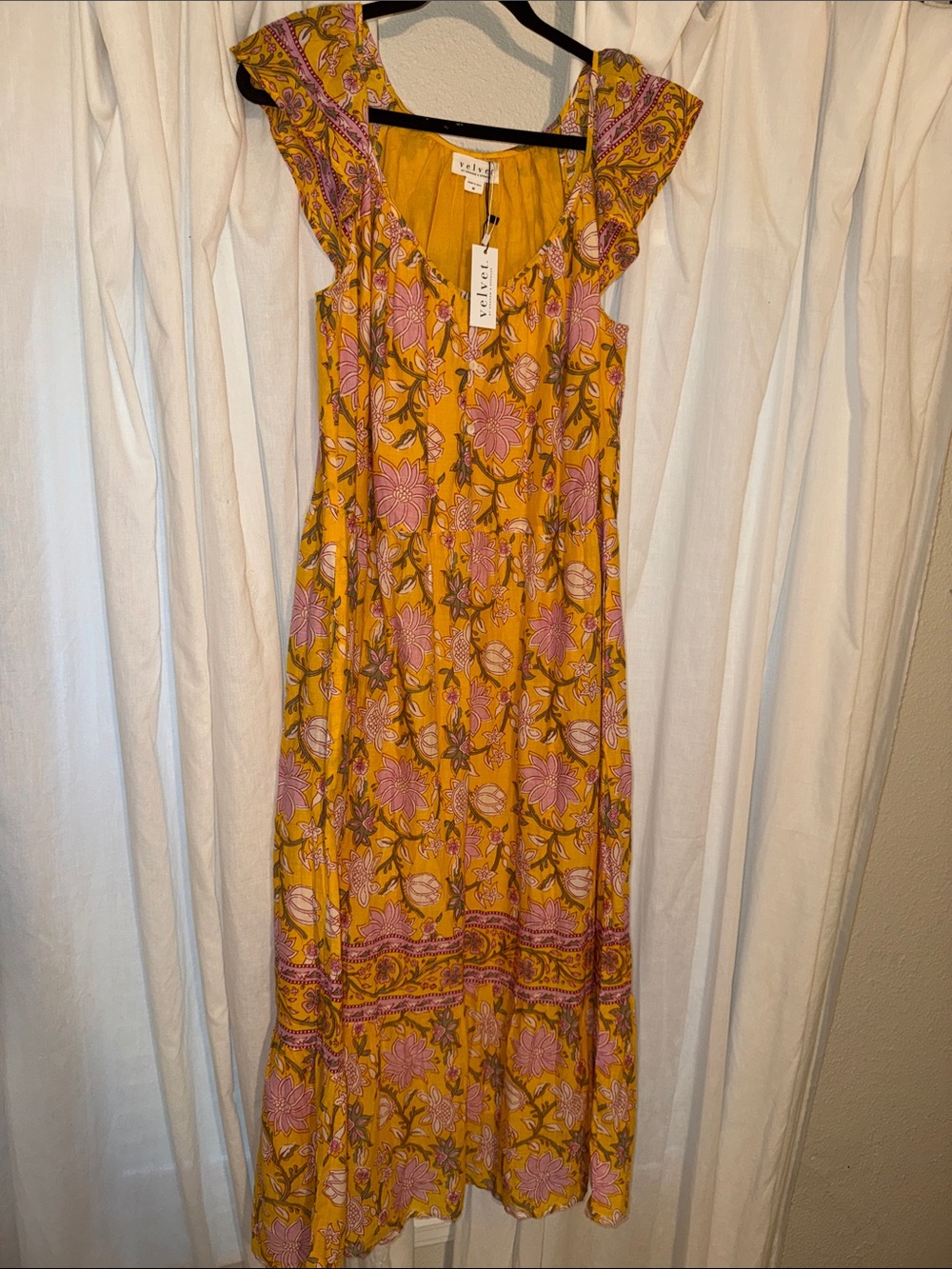 Velvet by Graham & Spencer Mustard Yellow Maxi Dress with Pink Floral Print
